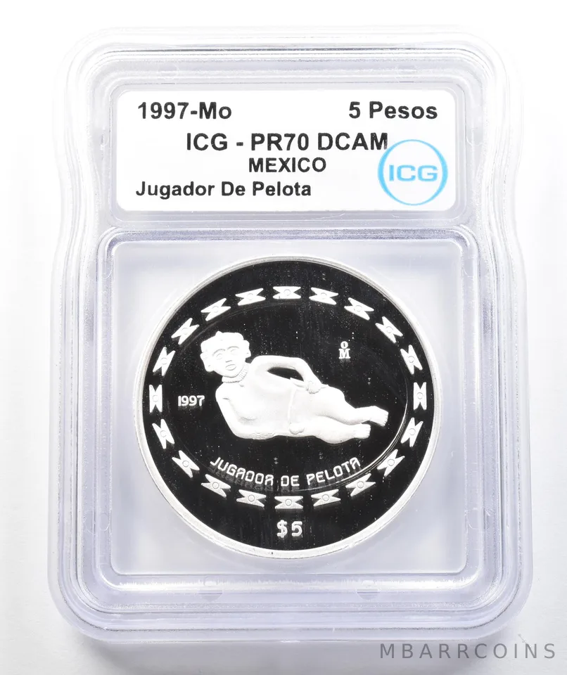 1997 Mo Mexico 5 Pesos Silver Jugador De Pelota 1 Oz PR70 DCAM ICG a9883