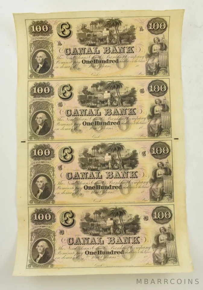 Lot (4) Uncut Sheet 1800's $100 Canal Bank New Orleans Notes a4130