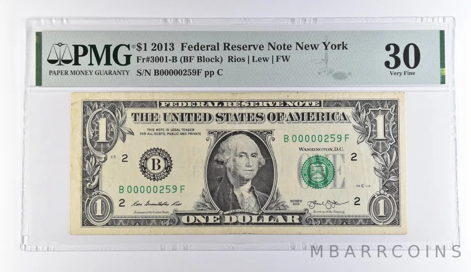 2013 $1 New York NY FRN Fr#3001-B VF 30 PMG Low Serial # *9492