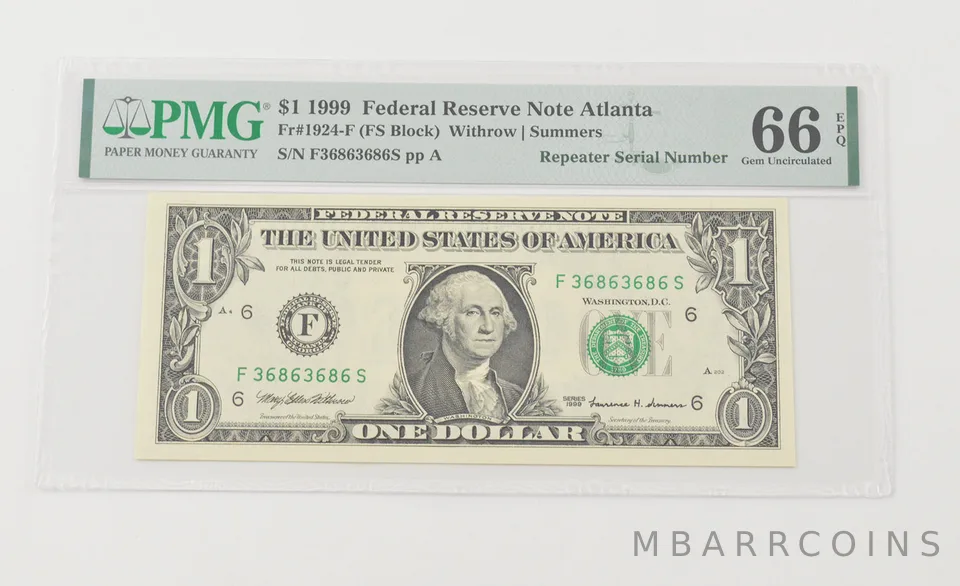 Gem UNC 66 EPQ 1999 $1 FRN Atlanta FR#1924-F Repeater Serial Number PMG *6596