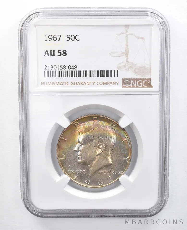 1967 Kennedy Half Dollar AU58 NGC Rainbow Tone *7675