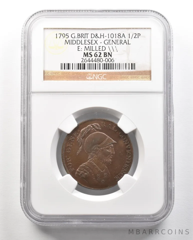 1795 G. Britain D&H-1018A 1/2 Penny Middlesex-General Milled MS62 BN NGC *4727