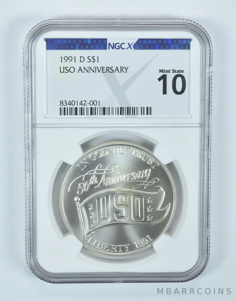 1991-D USO Commemorative Silver Dollar Mint State 10 NGC X NGCX