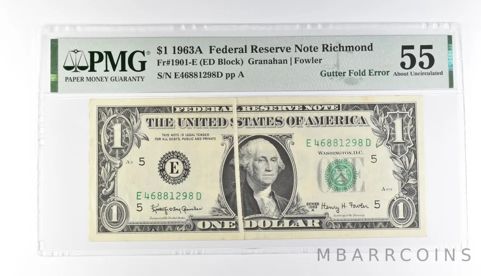 PMG 55 AU $1 1963A FRN Richmond Fr#1901-E Gutter Fold Error *3188