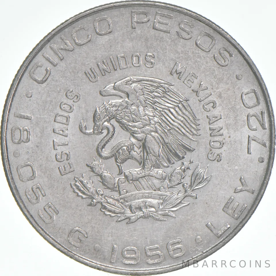 1956 Mo Mexico 5 Pesos Hidalgo .720 Silver AU