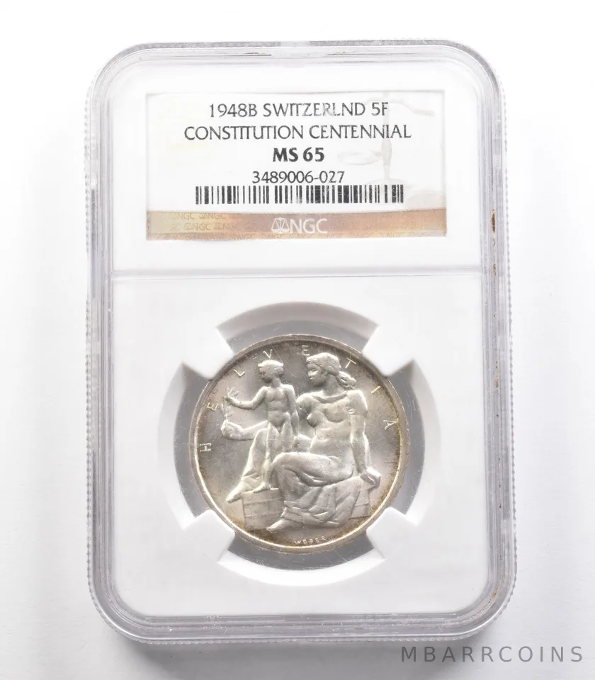 1948 B Switzerland 5 Francs Constitution Centennial MS65 NGC *2485