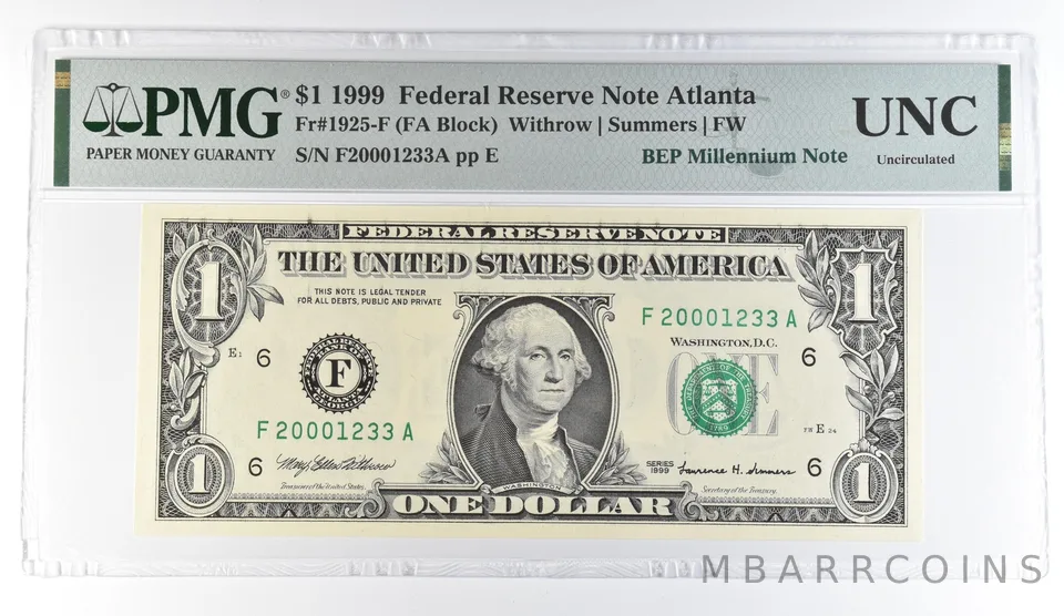 1999 $1 Atlanta GA FRN Fr#1925-F BEP Millennium Note PMG Fancy Serial *8101