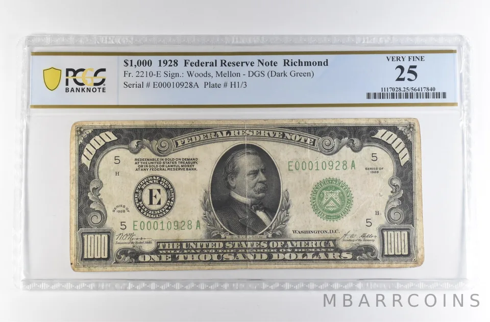 1928 $1000 Richmond VA FRN Fr#2210-E Dark Green Seal Very Fine 25 PCGS *4223