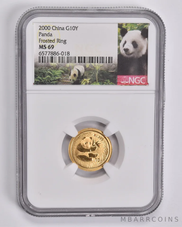 MS69 2000 China 10 Yuan 1/10 Oz. .999 Fine Gold Panda Frosted Ring NGC a4189