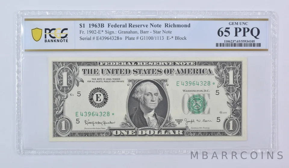 1963 B $1 Richmond VA FRN Star Note Fr#1902-E* Gem Unc 65 PPQ PCGS