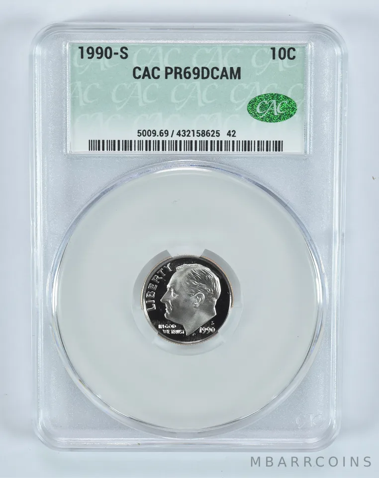 1990-S Roosevelt Dime PR69 DCAM CAC CACg