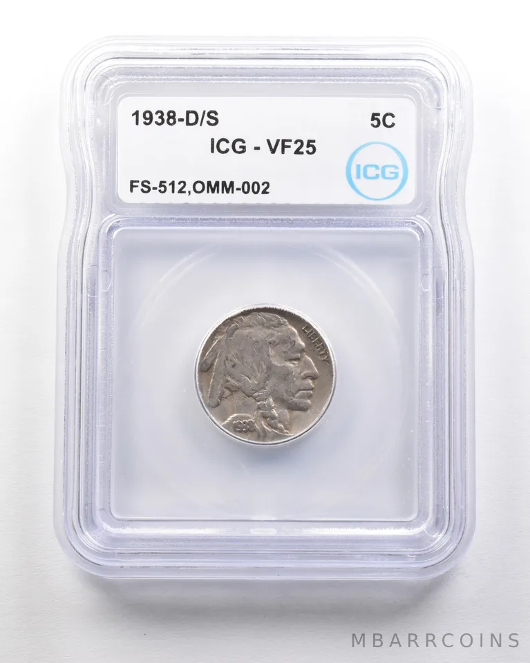 1938-D/S Indian Head Buffalo Nickel Mint Error FS-512 OMM-002 VF25 ICG a1690