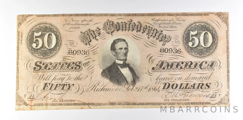 1864 $50 Confederate States Of America T-66 Large Note *8533