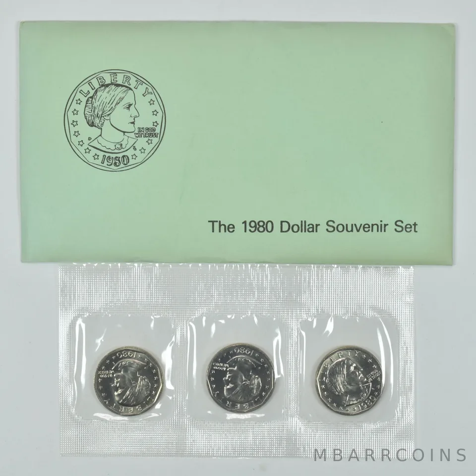 1980 Susan B Anthony $1 Uncirculated Coin Set w/ OGP Envelope P+D+S (3 coins)