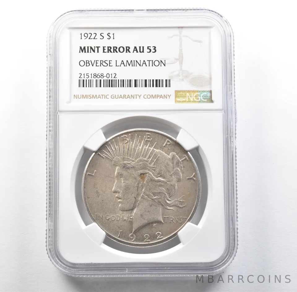 1922-S Peace Silver Dollar Mint Error Obverse Lamination AU53 NGC *3143