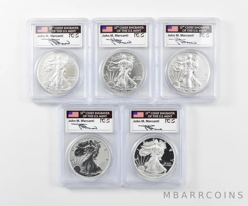 2011-P/W/S Silver Eagle 25th Anni Set FS Mercanti MS70/Reverse PR70 PCGS *3568