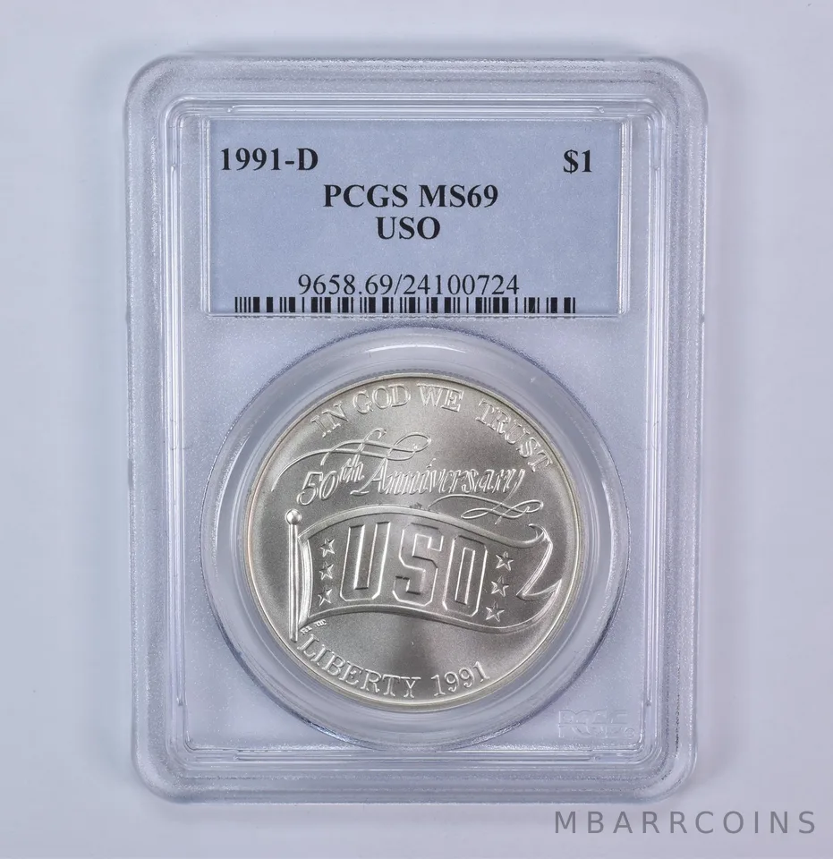 1991-D USO Commemorative Silver Dollar MS69 PCGS