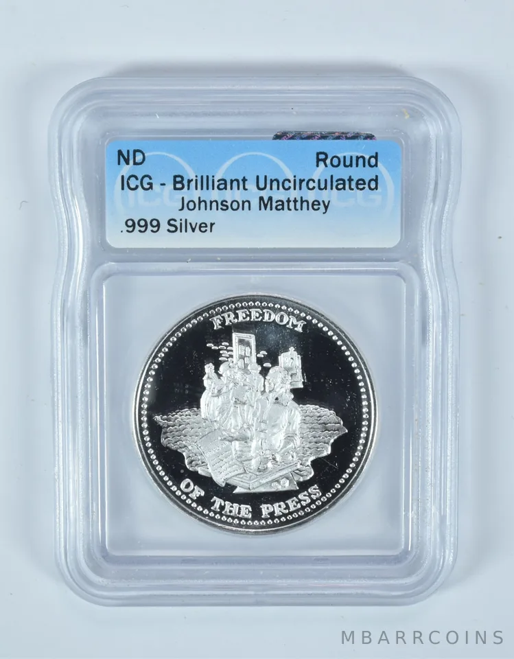(ND) Silver Art Round 1 Oz Freedom Of The Press Johnson Matthey BU ICG