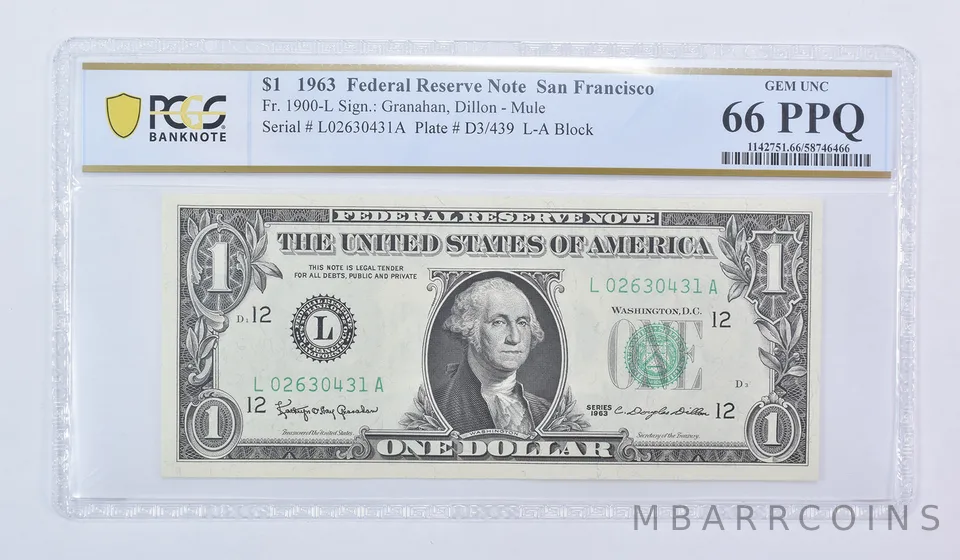 1963 $1 San Francisco CA FRN Mule Fr#1900-L Gem Unc 66 PPQ PCGS