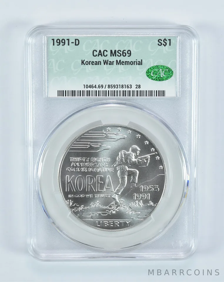 1991-D Korean War Memorial Commemorative Silver Dollar MS69 CAC CACg