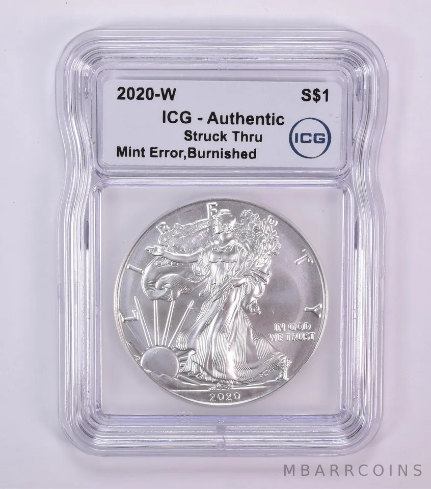 2020-W Burnished American Silver Eagle Mint Error Struck Thru Authentic ICG