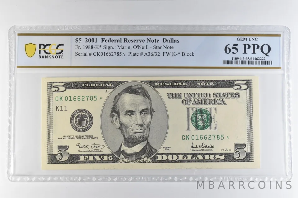 2001 $5 Dallas TX FRN Star Note Fr#1988-K* Gem Unc 65 PPQ PCGS *6539