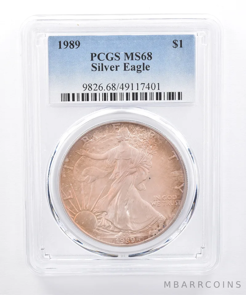 1989 American Silver Eagle MS68 PCGS Purple/Orange Tone *8485
