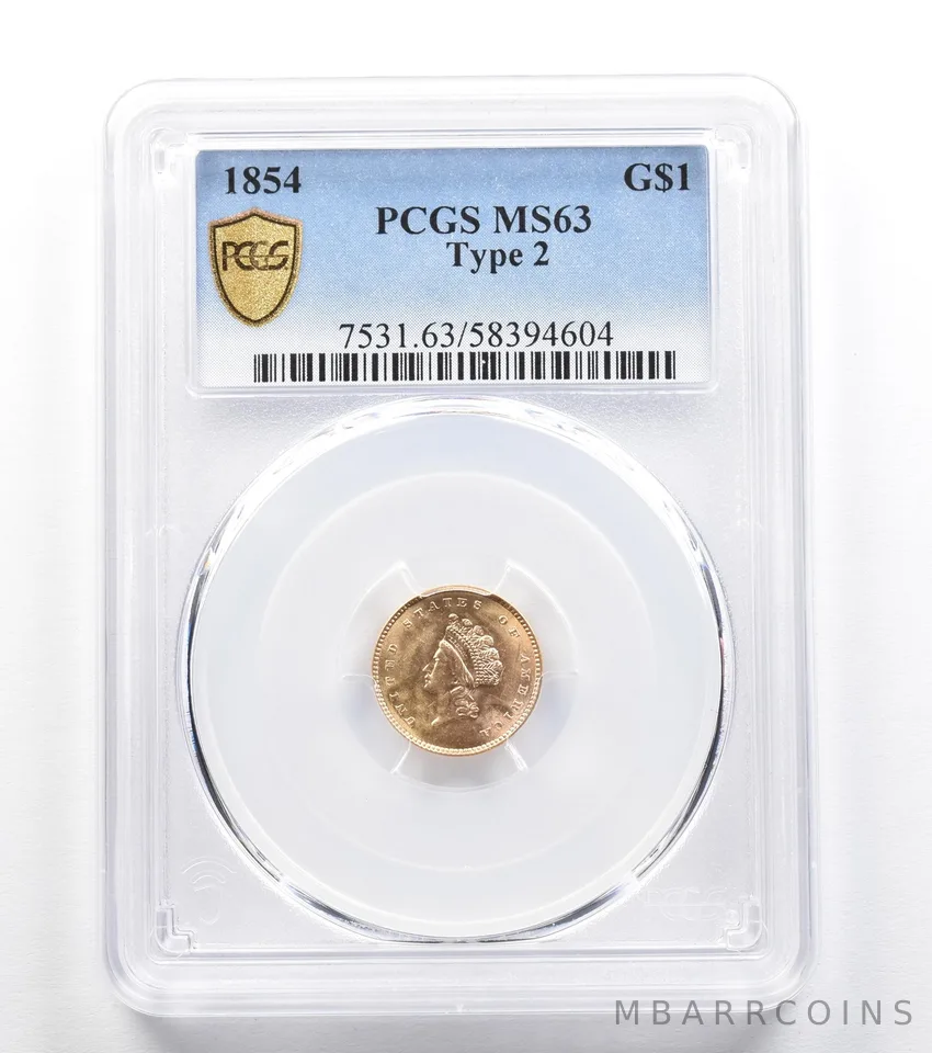 1854 $1 Indian Princess Head Gold Dollar Type 2 MS63 PCGS *9605