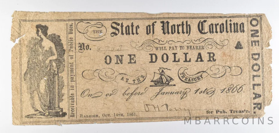 1866 $1 State Of North Carolina Obsolete Note *8717
