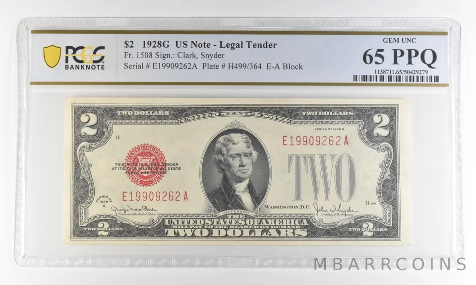 1928 G $2 Legal Tender Red Seal Fr#1508 Gem Unc 65 PPQ PCGS a4369