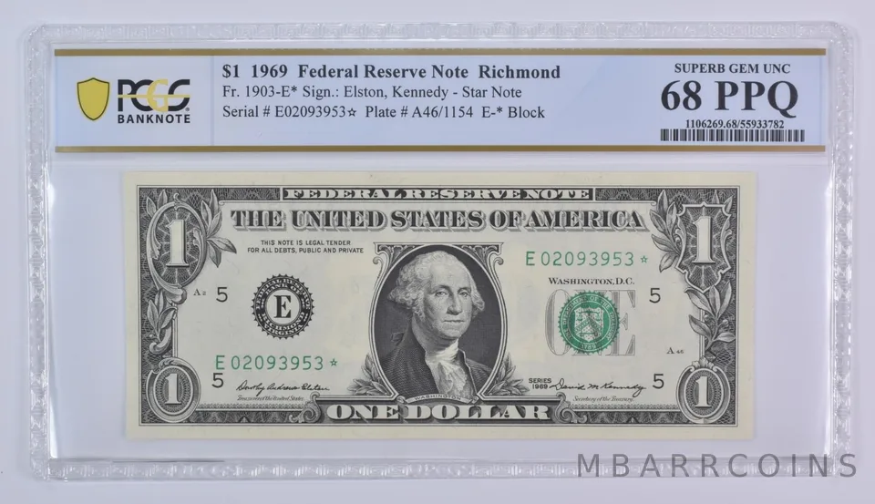 1969 $1 Richmond VA FRN Star Note Fr#1903-E* Superb Gem Unc 68 PPQ PCGS