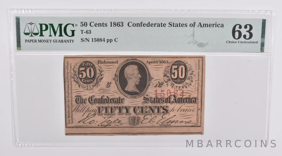 1863 50 Cents Confederate States Of America PMG 63 Choice Unc