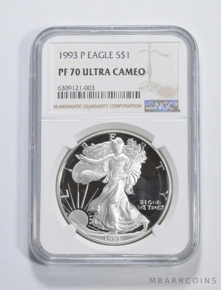 1993-P American Silver Eagle 1 Oz PF70 UCAM NGC Brown Label