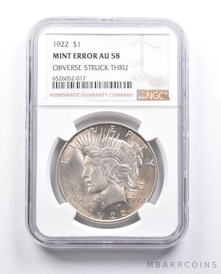 AU58 1922 Peace Silver Dollar Error OBV Struck Thru NGC *6644