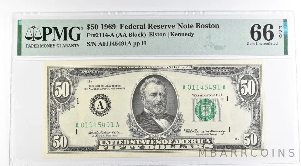 1969 $50 Boston MA US FRN Fr#2114-A 66 Gem Unc EPQ PMG *8499