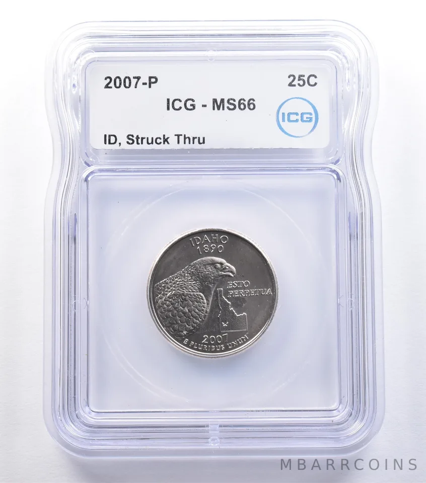 2007-P Washington State Quarter Idaho Mint Error Struck Thru MS66 ICG *9596
