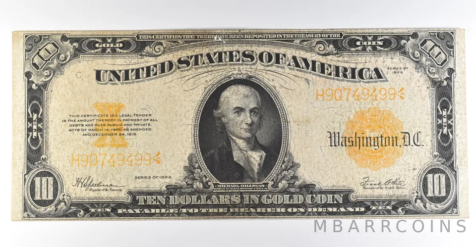 1922 $10 Gold Certificate Large Note Yellow Seal *8343