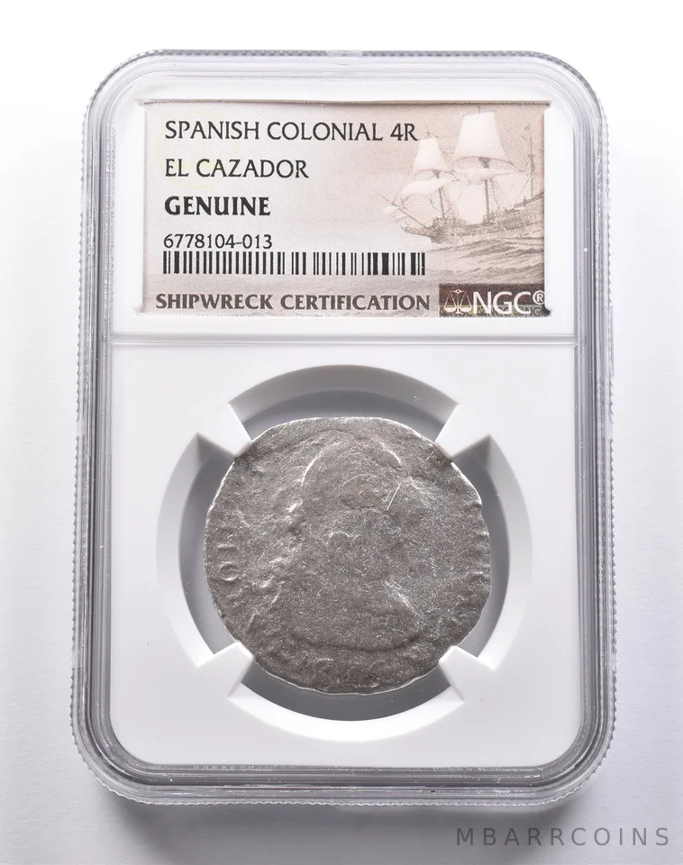 Genuine El Cazador Spanish Colonial 4 Reales NGC Shipwreck Certification *3682