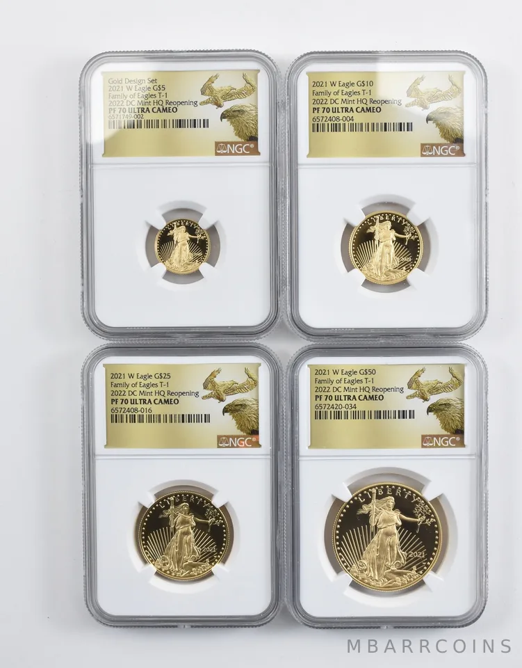 Set 2021-W $5/$10/$25/$50 Gold Eagle Type 1 DC Mint PF70 NGC Low Pop *9379