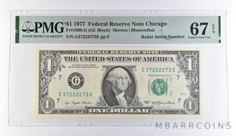 1977 $1 Chicago IL FRN Radar S/N Fr#1909-G Superb Gem Unc 67 EPQ PMG *9506