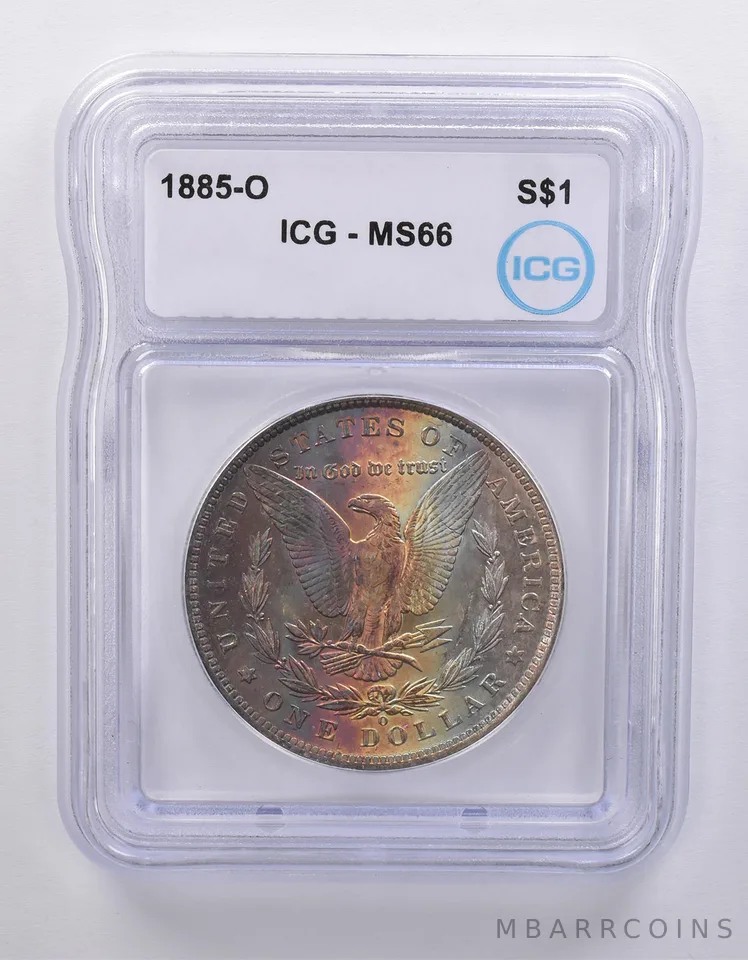 1885-O Morgan Silver Dollar MS66 ICG Rainbow Tone Reverse *7120