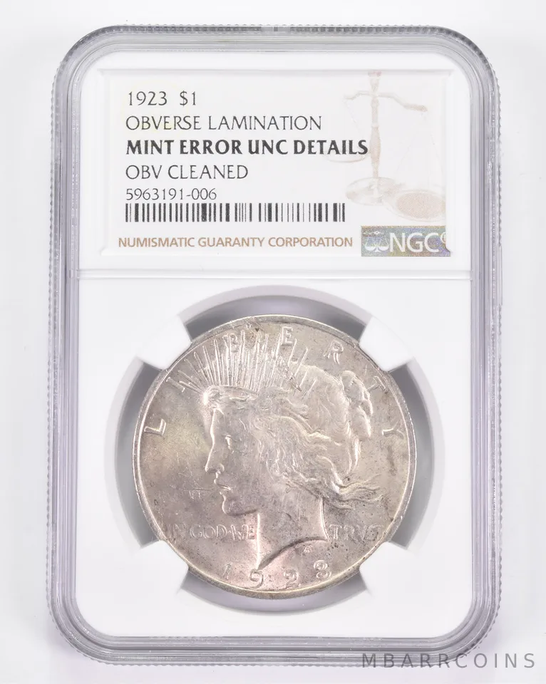 Mint Error UNC Details 1923 Peace Silver Dollar - OBV Lamination NGC a8863