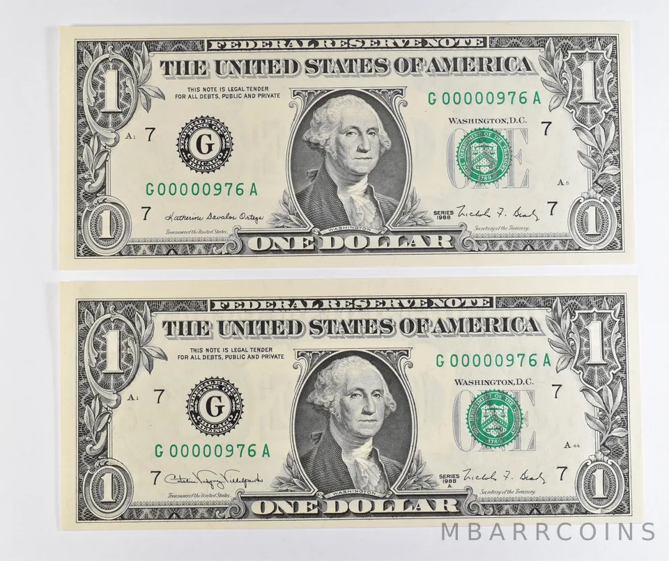 Lot (2) Matching Low Serial Numbers 1988/1988 A $1 Chicago IL *1715