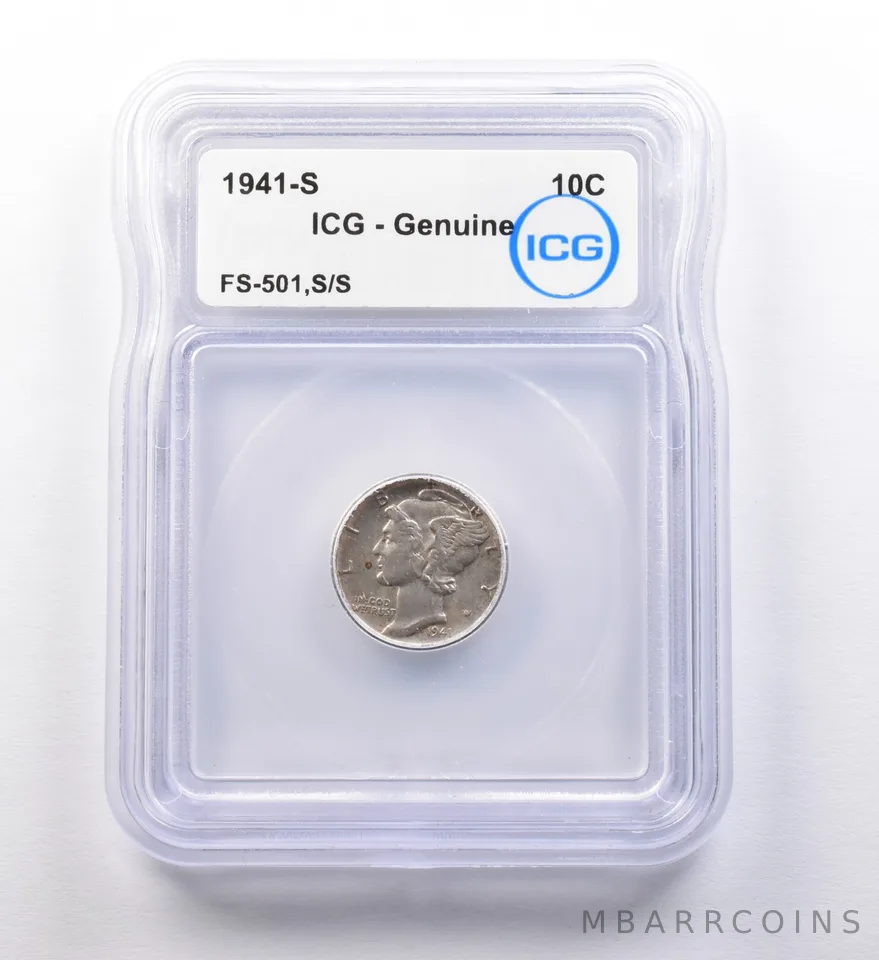 1941-S Mercury Dime FS-501, S/S Genuine ICG a9698