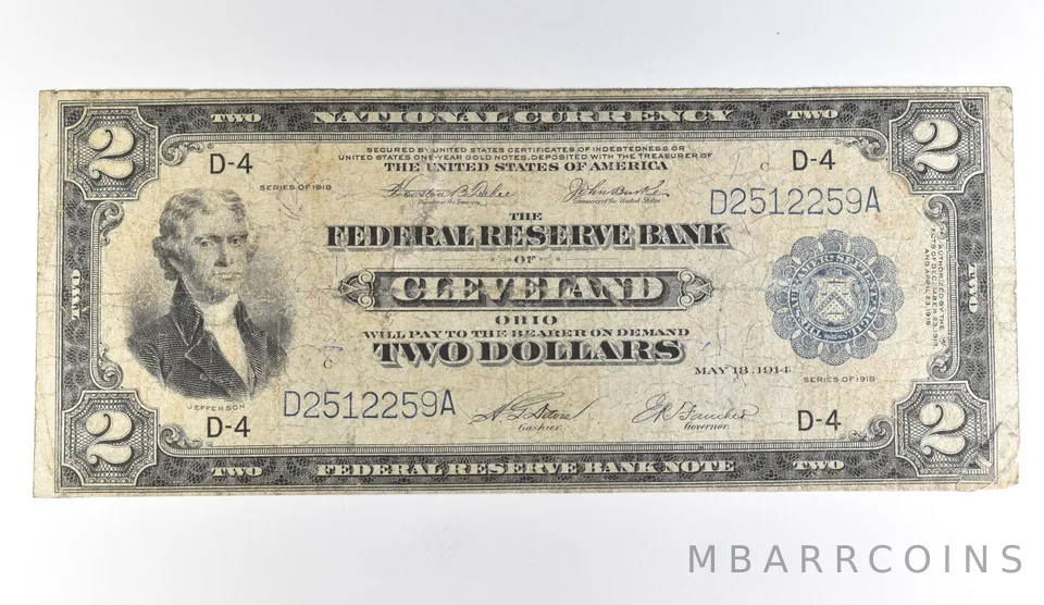 1918 $2 Cleveland OH National Currency Large Note Blue Seal Battleship *1675