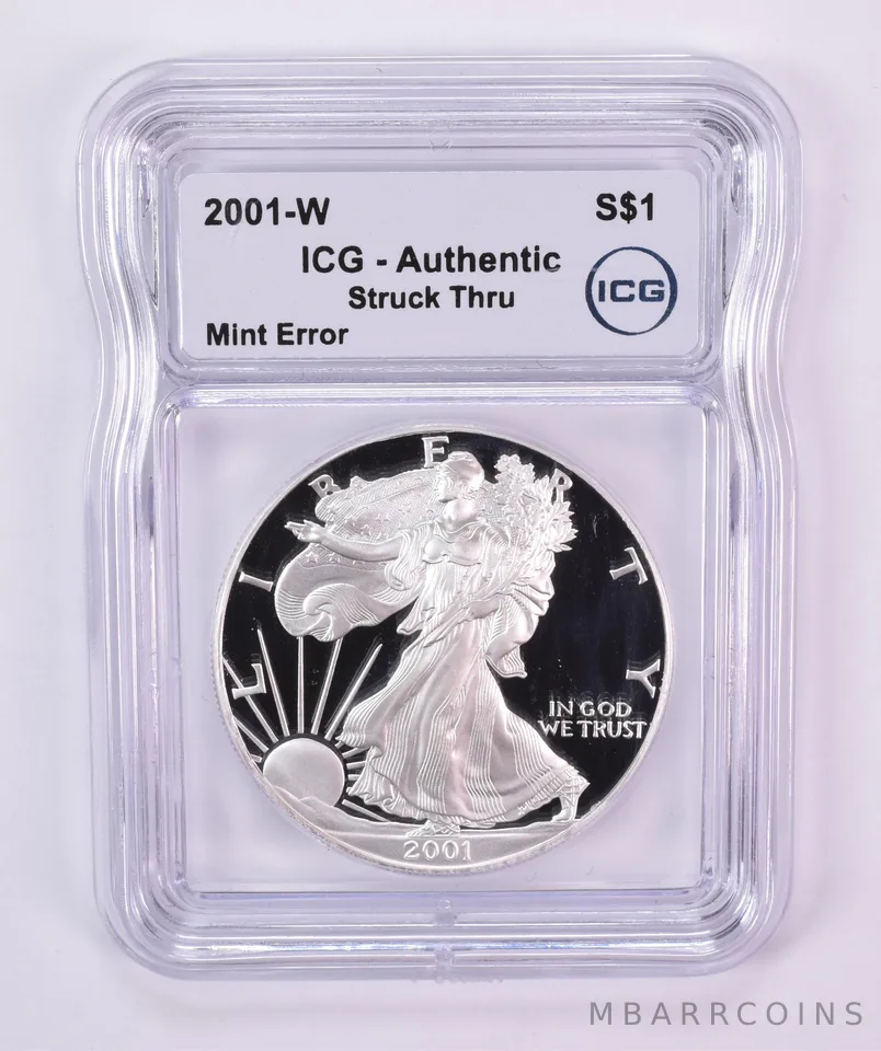 2001-W American Silver Eagle Mint Error Struck Thru Authentic ICG