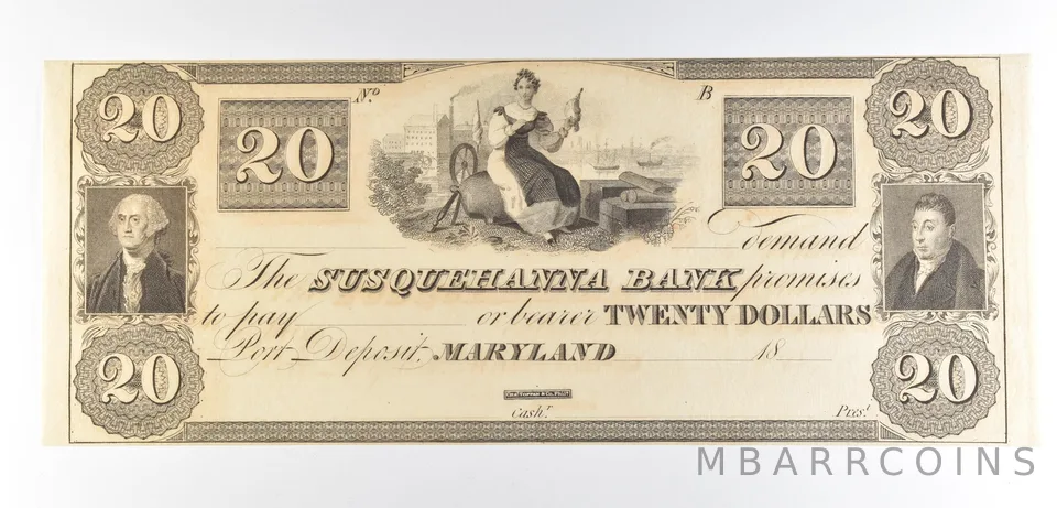 1800s $20 Maryland Susquehanna Bank Obsolete Note *8558
