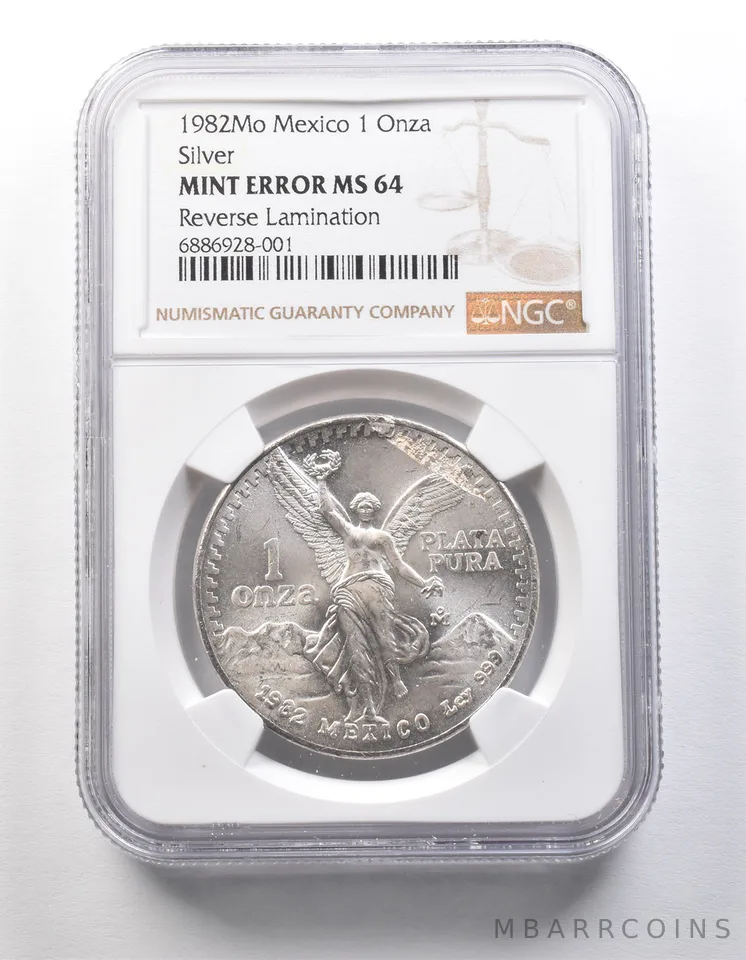 1982 Mo Mexico 1 Onza Silver Libertad Error MS64 Reverse Lamination NGC *7965