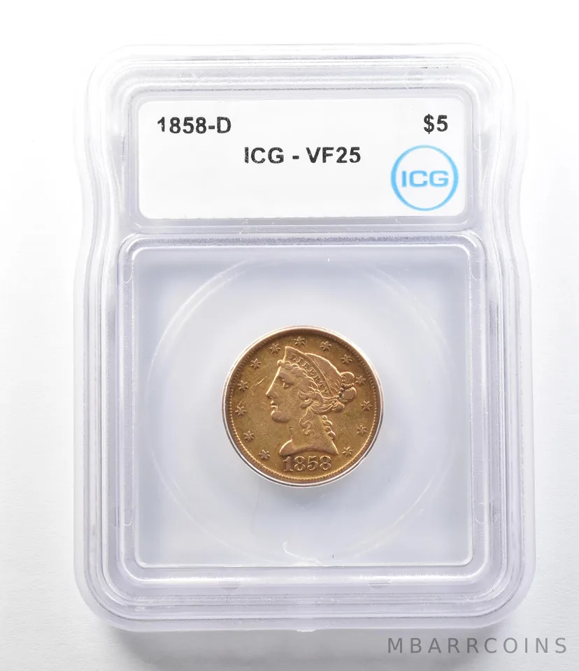 1858-D $5 Liberty Head Gold Half Dollar VF25 ICG a0384