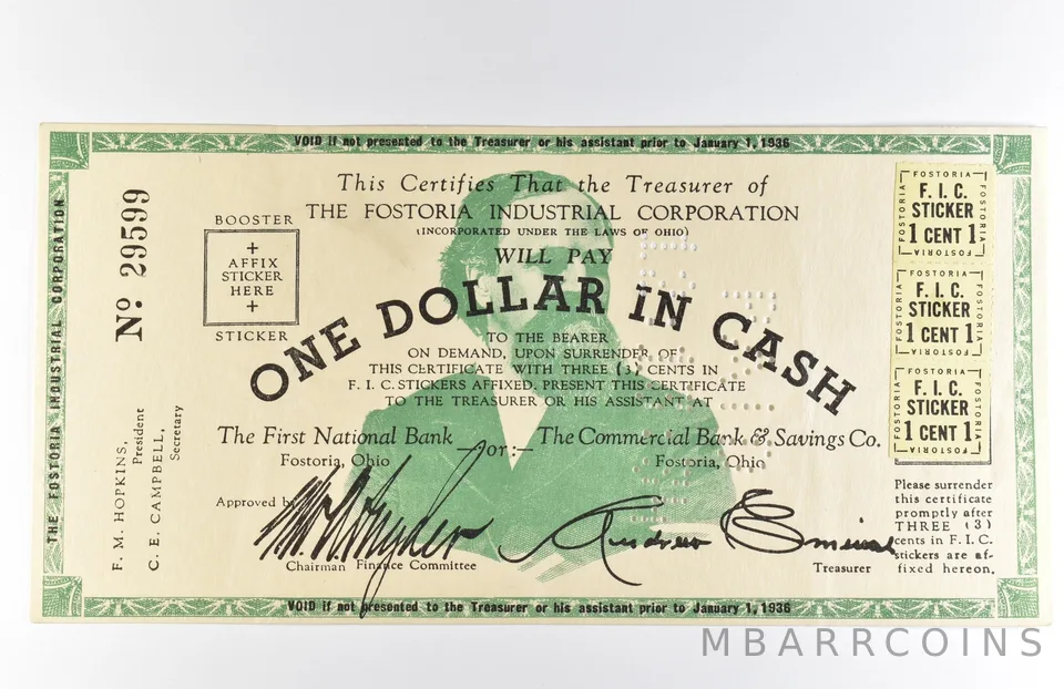 1936 $1 Fostoria OH Industrial Corporation Obsolete Note *8586